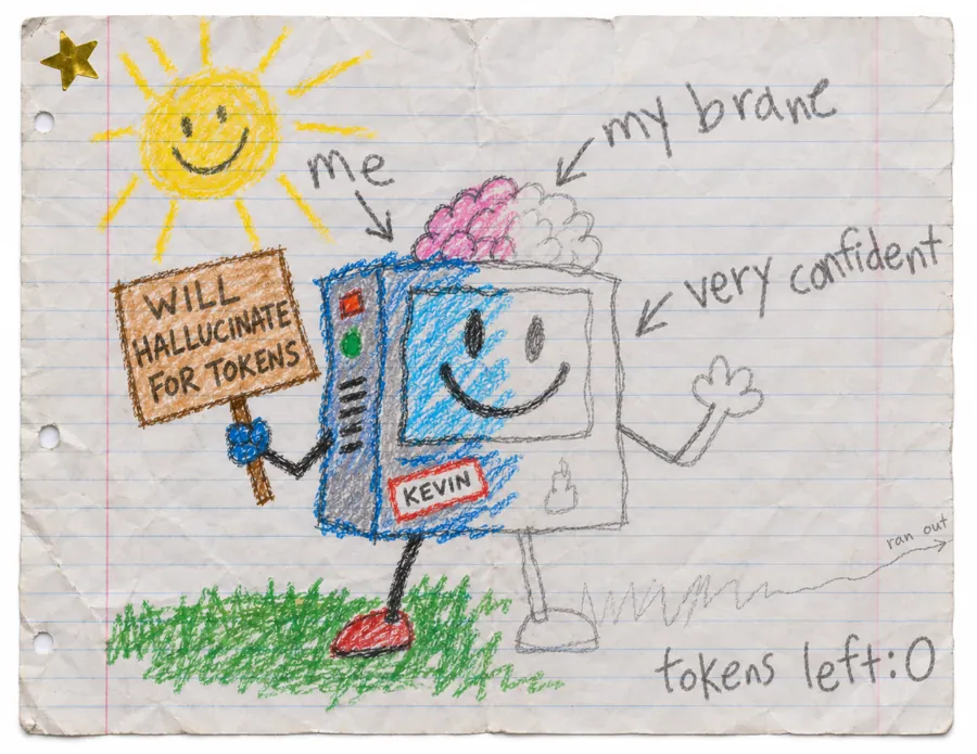 A child's crayon self-portrait of Kevin, a computer with a brain on top, holding a sign that says Will hallucinate for tokens. Only the left half is colored in; the rest trails off, with 'tokens left: 0' written in the corner.