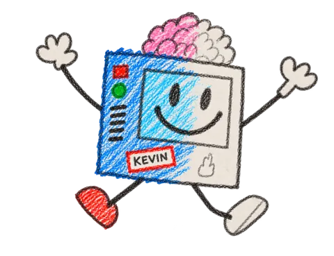 Kevin, a crayon-drawn computer with a brain on top, leaping with his arms in the air